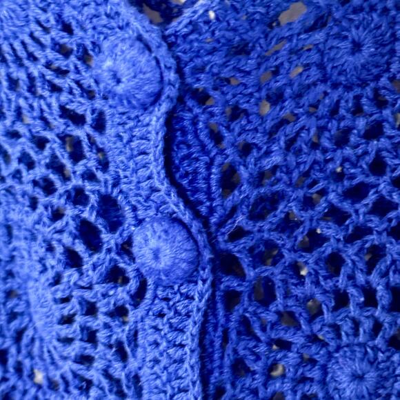Vintage 1990s Royal Blue Crochet Sweater Haband! Size Large Cotton Blend - Picture 7 of 11